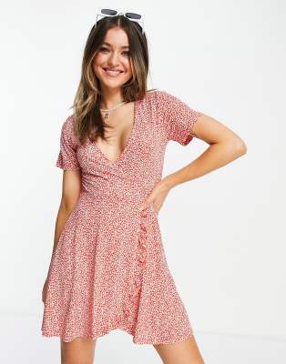 pull and bear red floral dress Pull & Bear V Neck Floral Mini Dress In Red In Pink