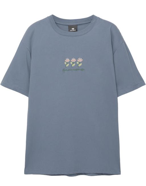 Pull&Bear floral embroidered t-shirt in anthracite grey
