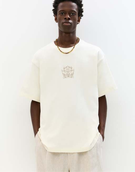 Pull&Bear floral embroidered t-shirt in sand