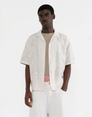 Pull & Bear Floral Jacquard Short Sleeve Shirt In White