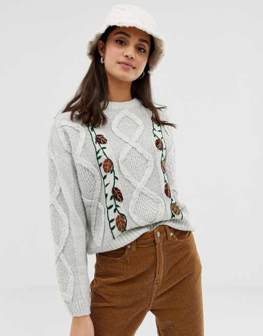 Pull&Bear floral knitted jumper in grey ASOS