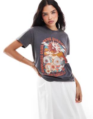 Pull & Bear Floral Landscape Graphic Oversized T-shirt In Washed Gray