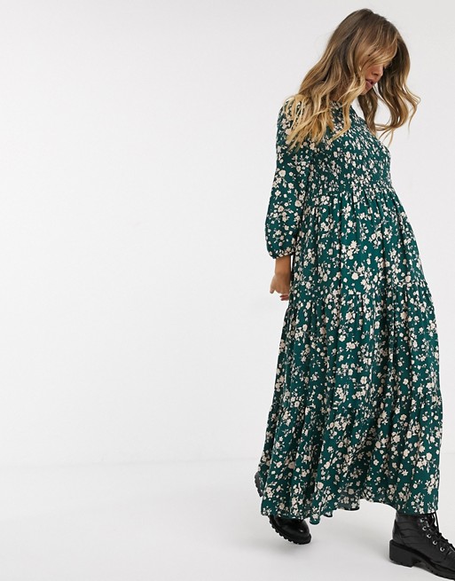 Pull&Bear floral printed smock midi dress with shirring in green