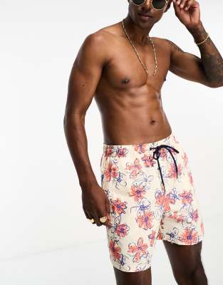 Pull&Bear floral printed swimshort in orange and ecru