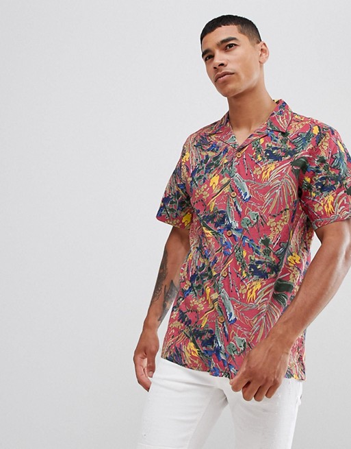 Pull&Bear floral shirt with revere collar in pink | ASOS