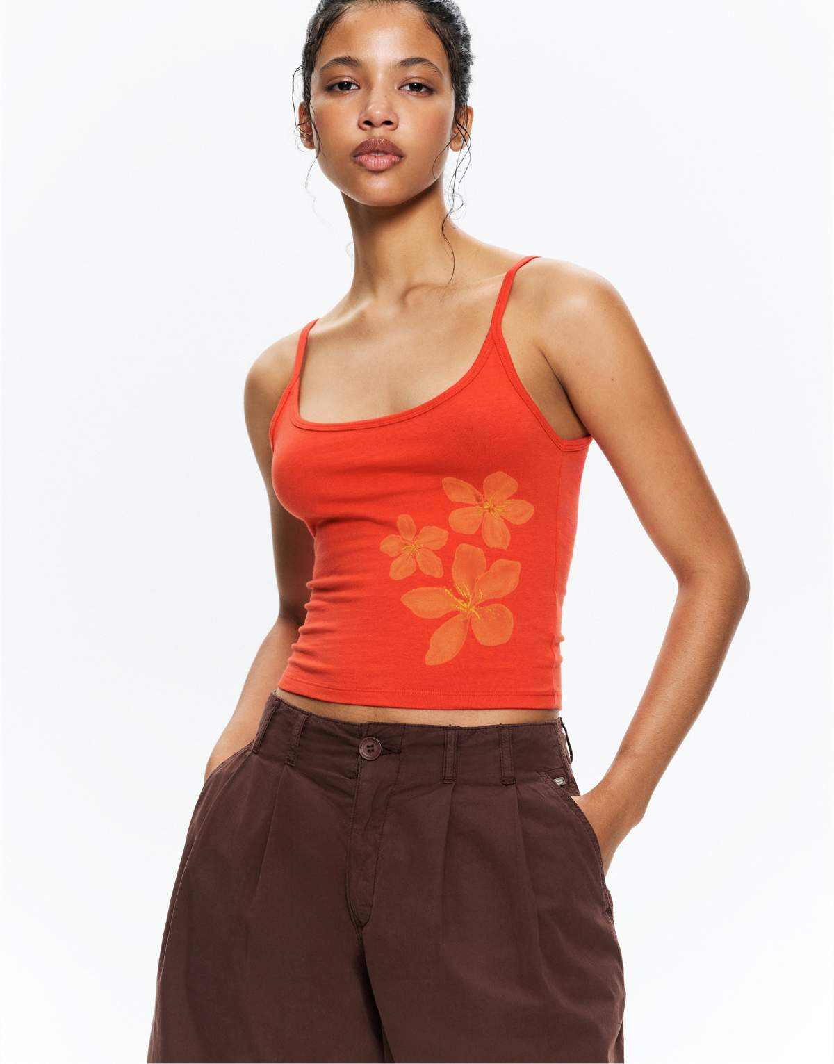 Pull&Bear floral strappy top in coral red