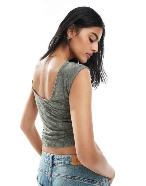 Pull&Bear floral textured ruched side top in khaki