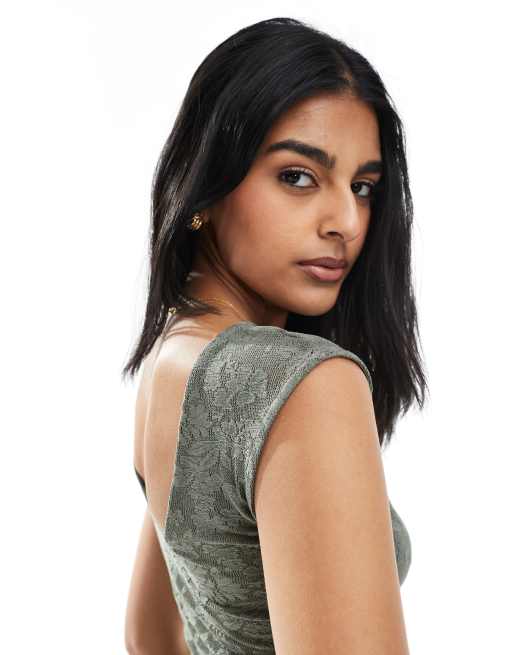 Pull&Bear floral textured ruched side top in khaki