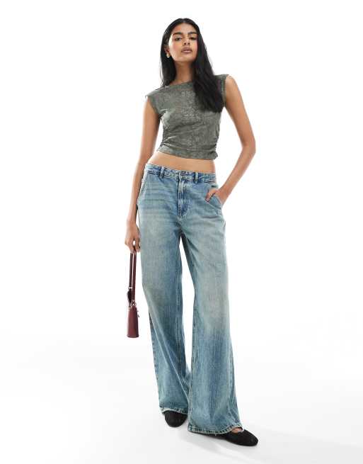 Pull&Bear floral textured ruched side top in khaki