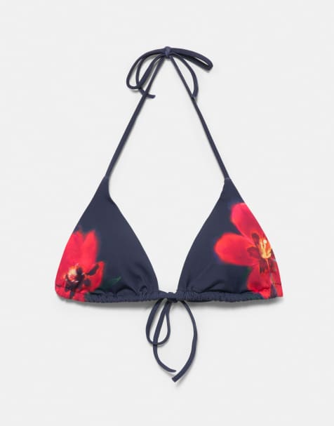 Pull&Bear Floral triangle bikini top in blue - view 1