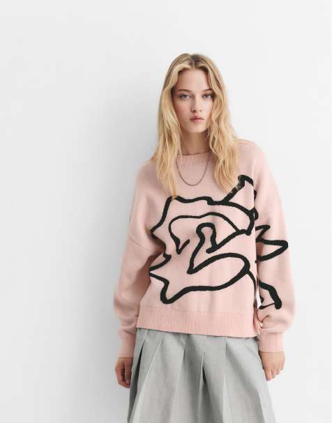 Pull&Bear Flower graphic sweater in dusty pink
