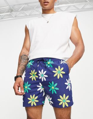 Pull&Bear flower print swim shorts in navy