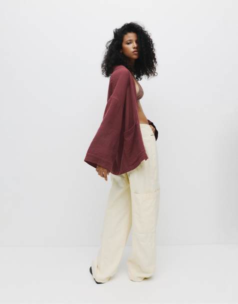 Pull&Bear Flowing kimono jacket in wine - view 1