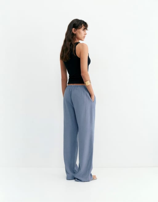 Pull&Bear Flowing viscose linen blend trousers in blue, 5 of 7