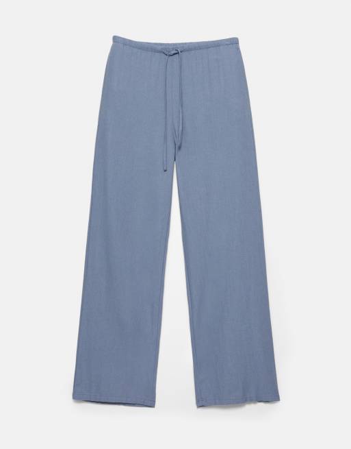 Pull&Bear Flowing viscose linen blend trousers in blue, 6 of 7