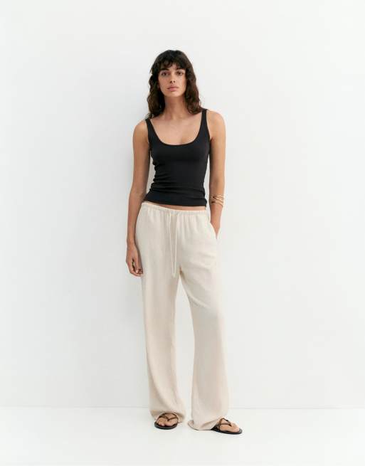 Pull&Bear Flowing viscose linen blend trousers in sand, 2 of 7