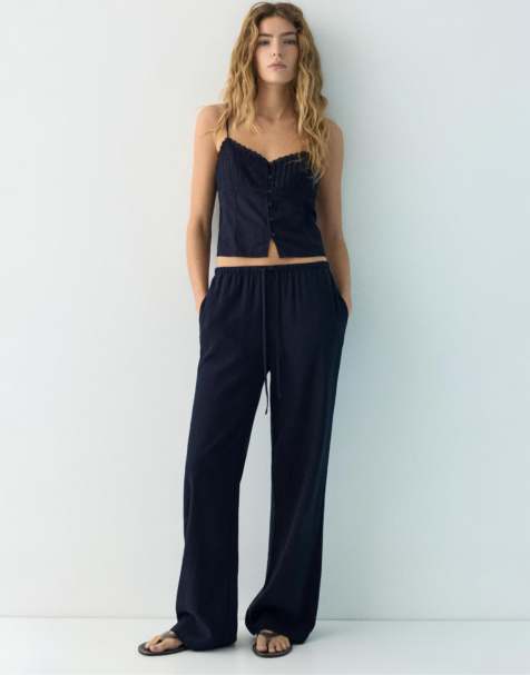 Pull&Bear Flowing viscose trousers in navy - view 1