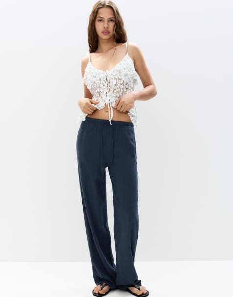 Pull&Bear flowy trousers with linen in navy - view 1