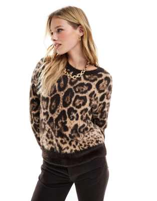 fluffy knit sweater in leopard print-Brown