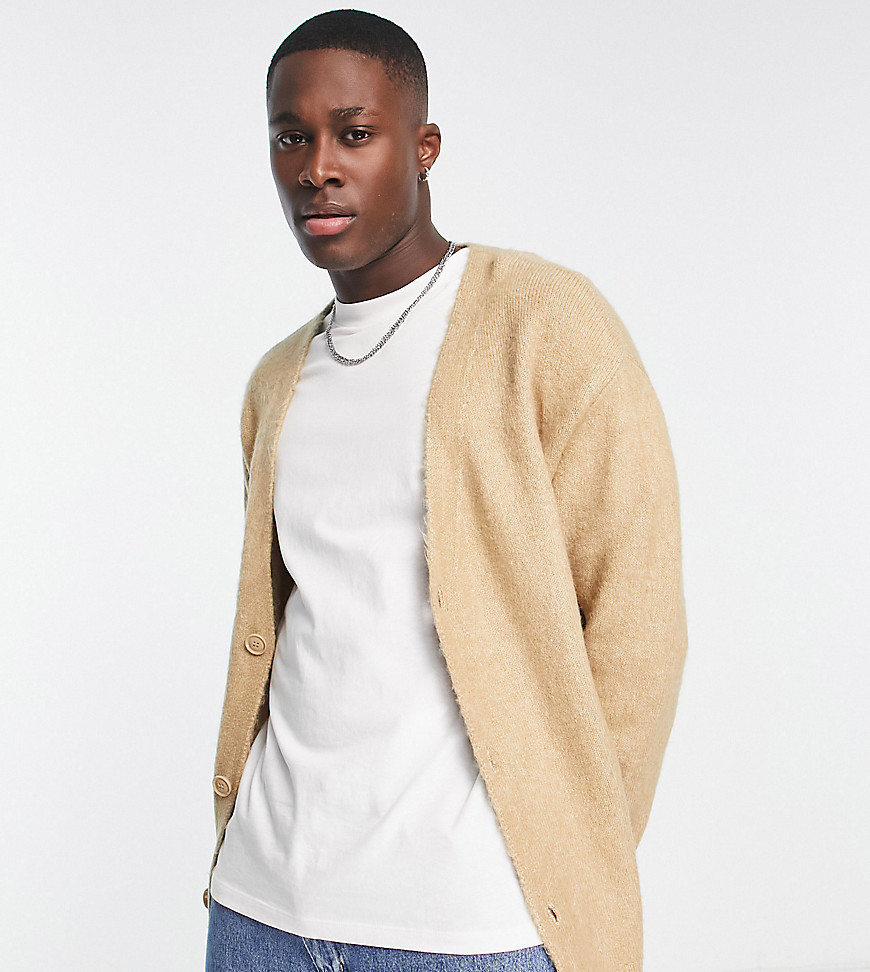Pull & Bear fluffy knitted cardigan in beige Exclusive at ASOS-Neutral