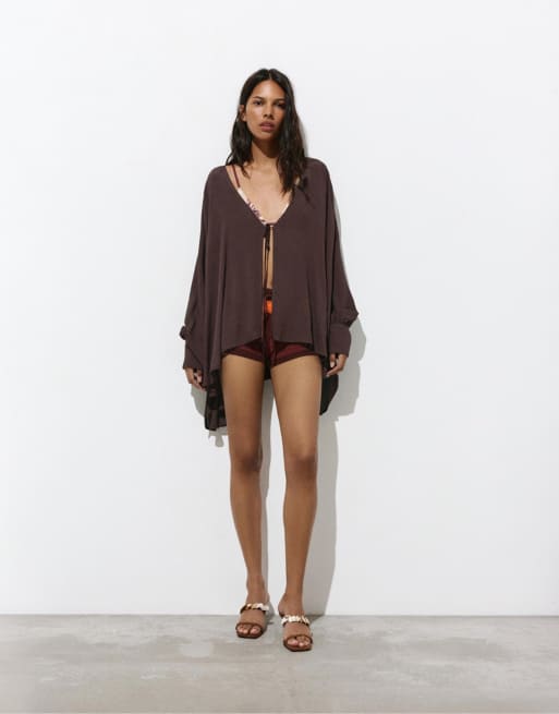 Pull&Bear Fluid cape jacket in chocolate, 2 of 4