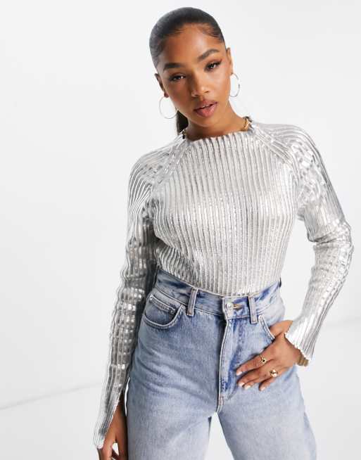 Pull Bear foil long sleeve knitted jumper in silver ASOS