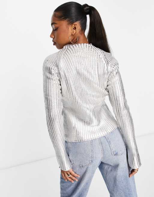 Pull&Bear foil long sleeve knitted jumper in silver