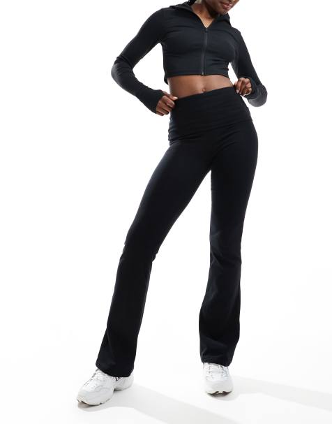 Pull&Bear fold over flared jersey trouser in black - view 1
