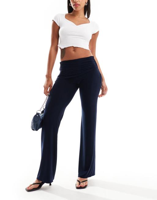 Pull&Bear fold over ruched waist sculpt flared trouser in navy