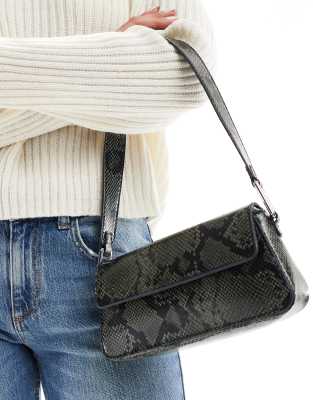 Pull & Bear Fold Over Shoulder Bag In Gray Snake Print