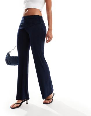 Pull & Bear Fold Over Waist Flared Pants With Ruche Detail In Navy Blue