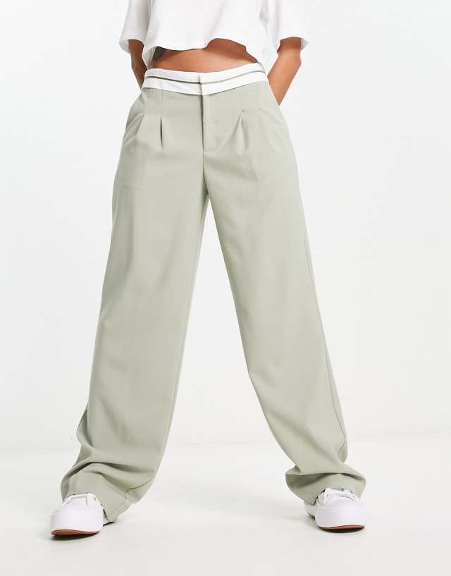 Pull&Bear fold over waistband tailored pants in sage