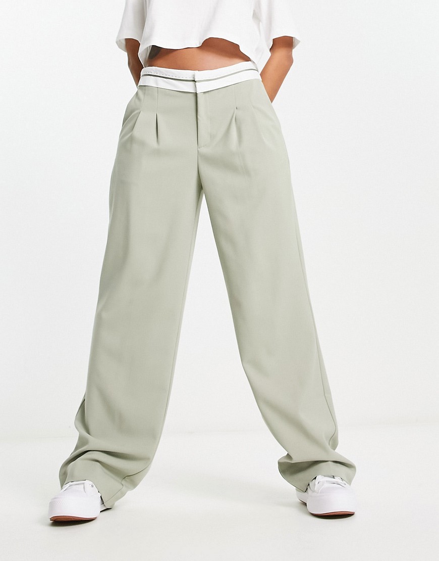 Pull & Bear fold over waistband tailored trousers in sage-Green