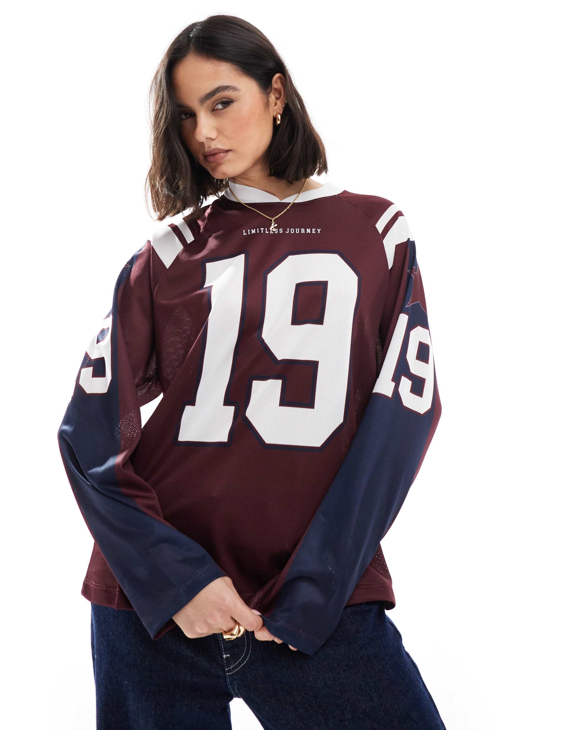 pull&bear football jersey long sleeve tee in burgundy