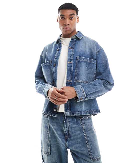 Pull&Bear - Forvasket blå denimjakke - Del af sæt