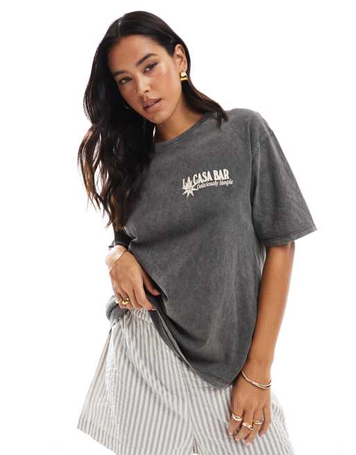Pull&Bear 'Fresco Bar' oversized graphic tee in washed gray