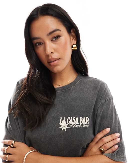 Pull&Bear 'Fresco Bar' oversized graphic tee in washed gray