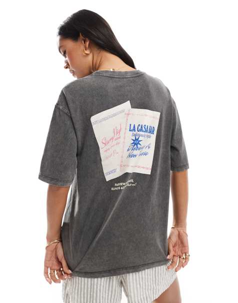 Pull&Bear 'Fresco Bar' oversized graphic tee in washed grey - view 1