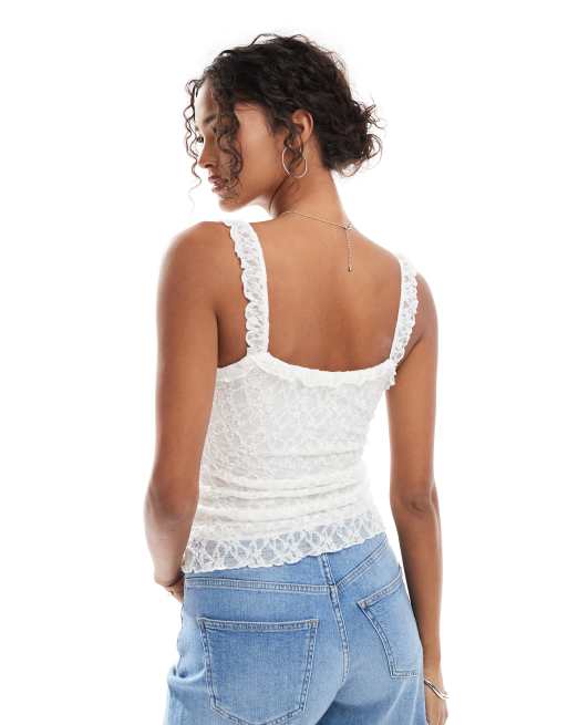 Pull&Bear frill detail cami in white, 3 of 4