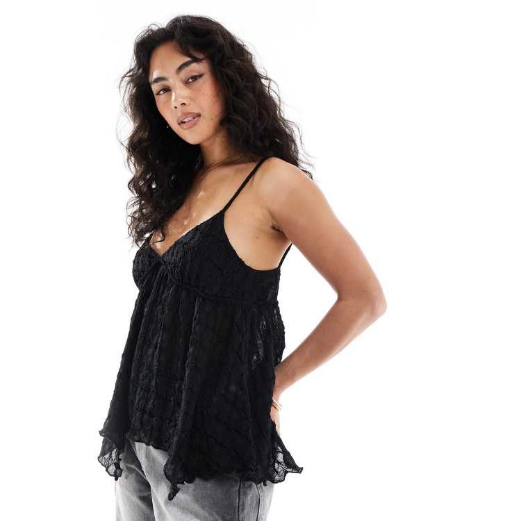 Pull&Bear frill detail lace cami top in black | ASOS