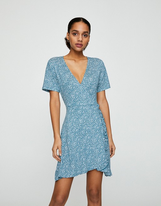 Pull&Bear frill edge wrap dress in blue floral