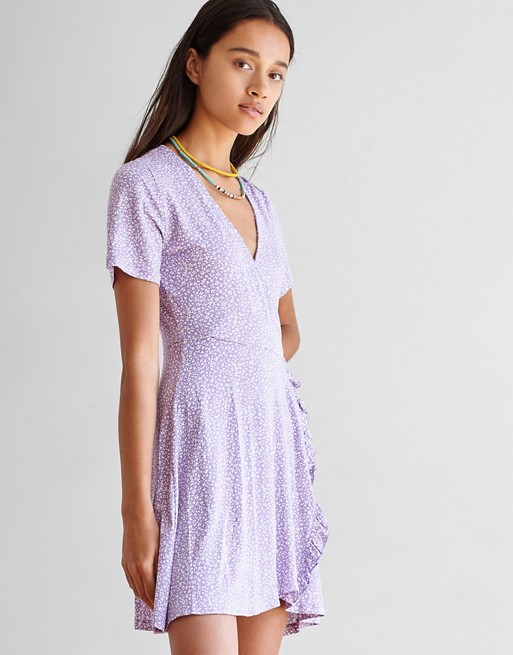 Pull&Bear frill edge wrap dress in lilac floral