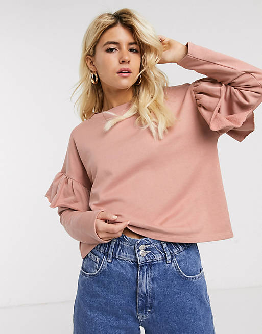 Pull&Bear frill sleeve top in pink | ASOS
