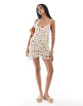 [Pull & Bear] Pull & Bear frill trim wrap detail mini dress in ecru floral-White L Ecru