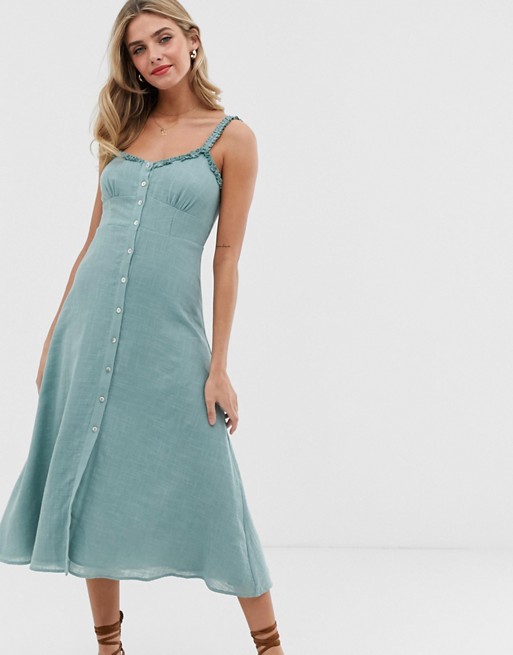 Pull&Bear frille detail button front midi dress in green