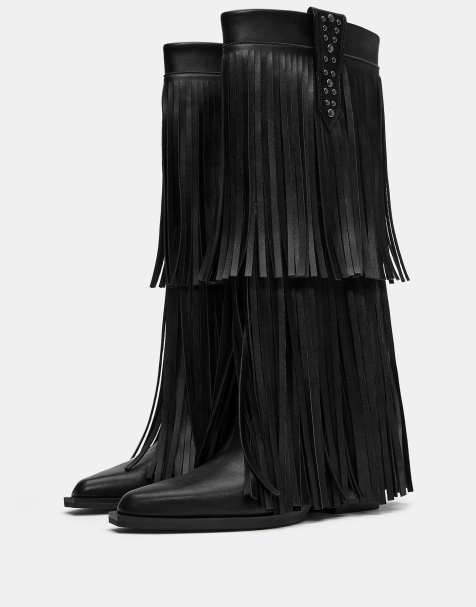 Pull&Bear Fringe high-heel boots in black - view 1