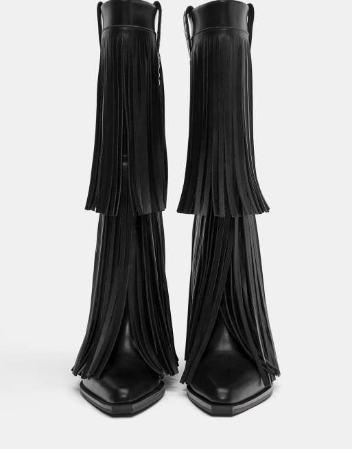 Pull&Bear Fringe high-heel boots in black, 4 of 4