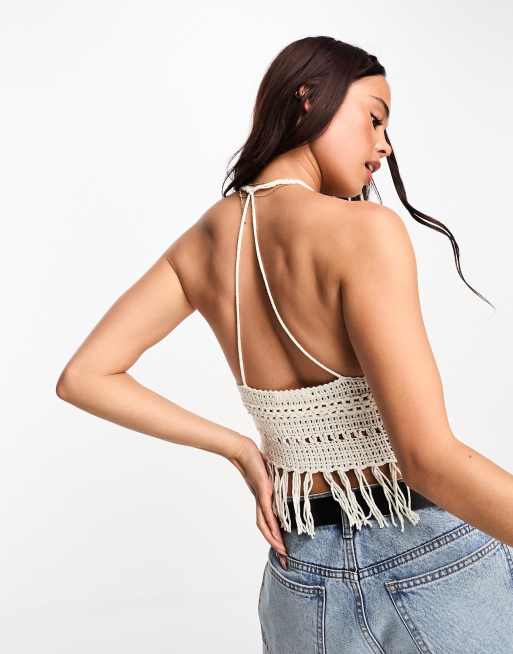 Pull&Bear fringed crochet crop top in ecru