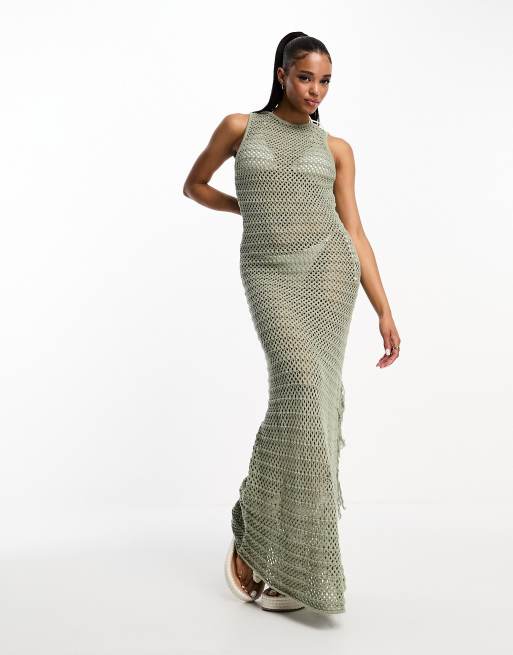 Pull&Bear fringed crochet maxi dress with split detail in light