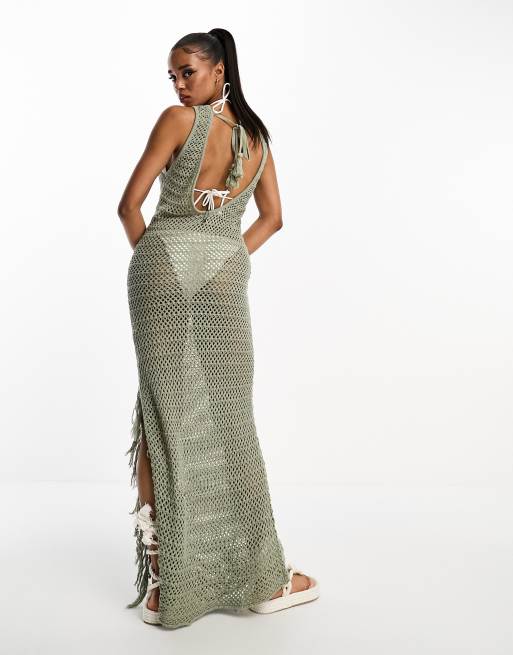 Pull&Bear fringed crochet maxi dress with split detail in light